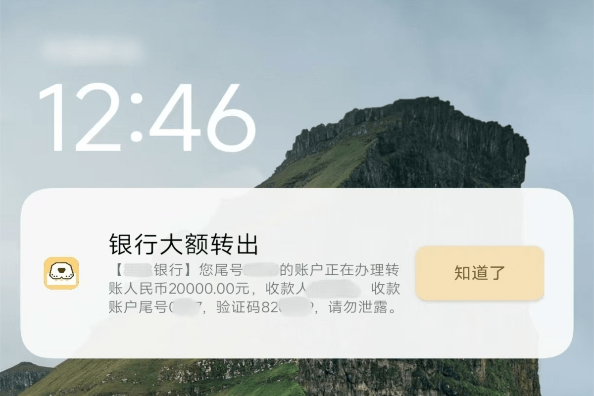 银行账户大额转账预警通知